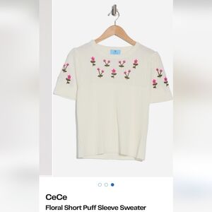 CeCe Floral Short Puff Sleeve Sweater - Cream and Pink SIZE L